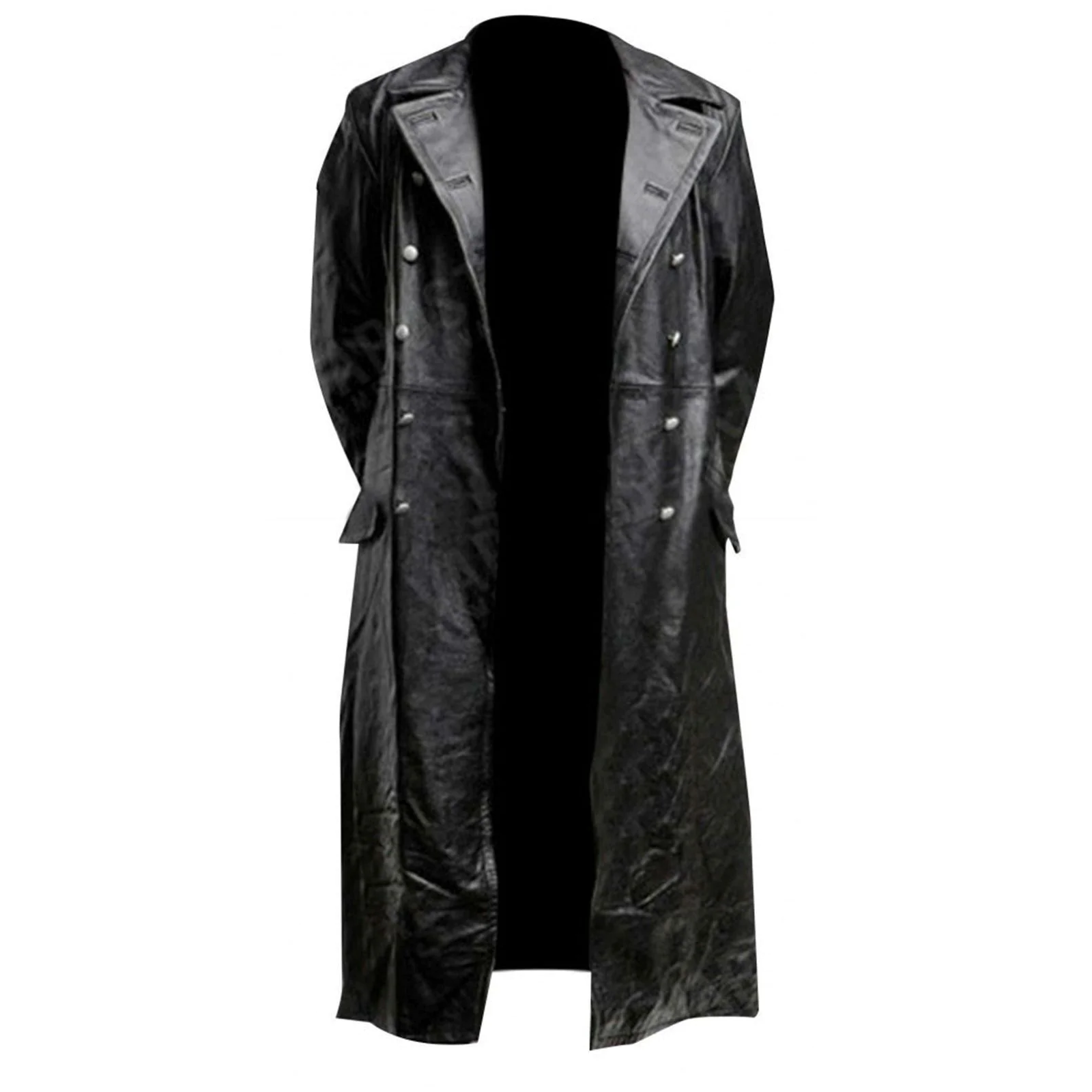 Men's Classic German Military Officer Black Leather Trench Coat - Luxurena Leather