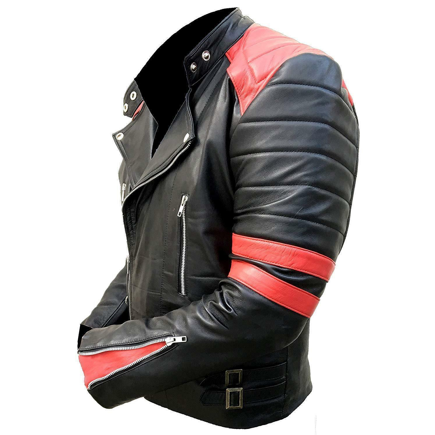 Men's Vintage Brando Red Strip Black Leather Jacket - Luxurena Leather