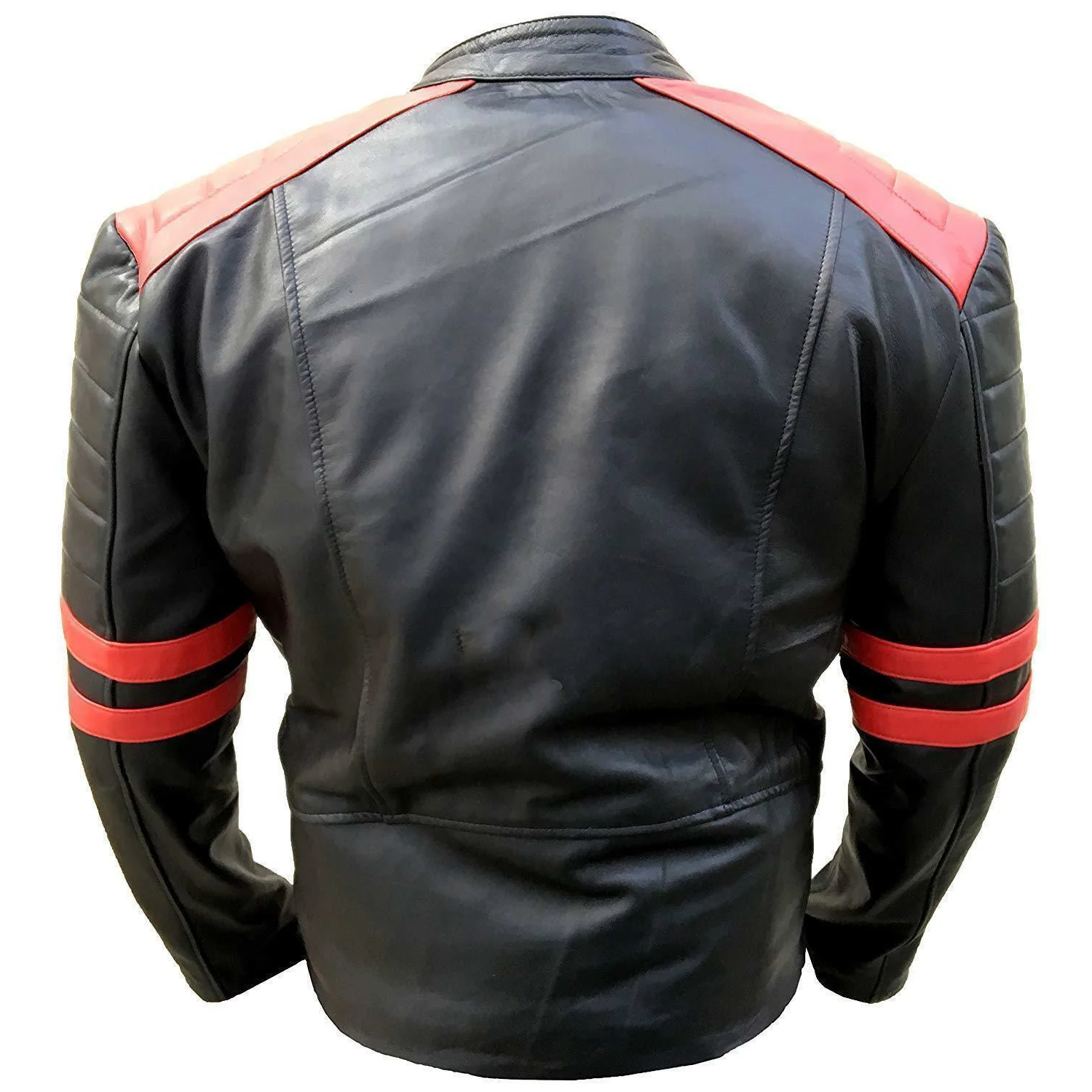 Men's Vintage Brando Red Strip Black Leather Jacket - Luxurena Leather
