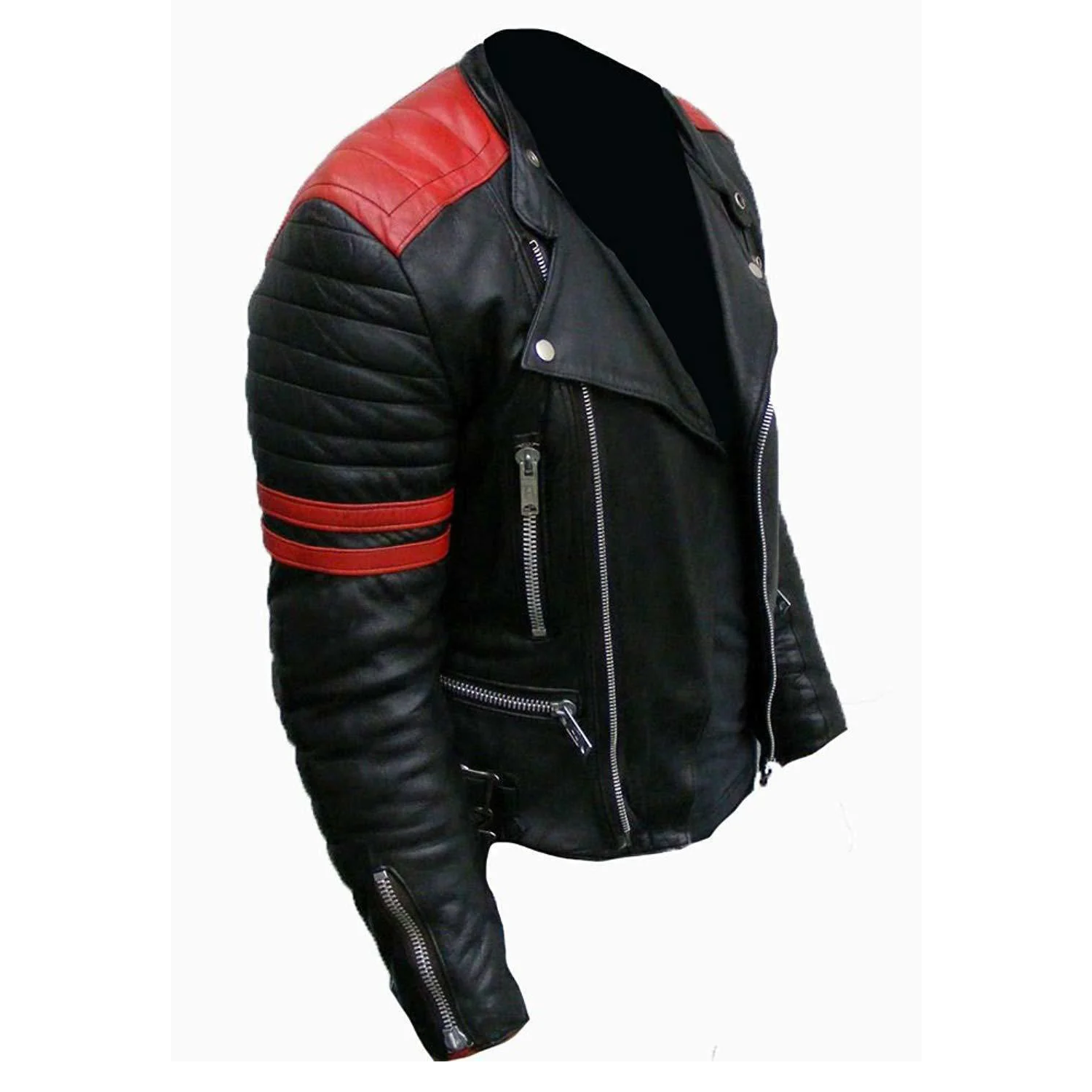 Men's Vintage Brando Red Strip Black Leather Jacket - Luxurena Leather