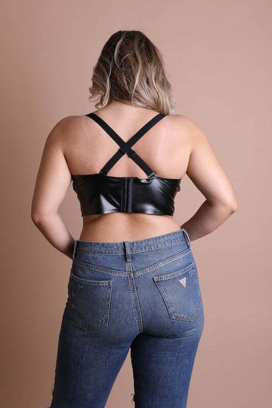 Women's Cross Strap Longline Black Leather Bralette