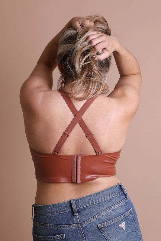 Women's Cross Strap Longline Brown Leather Bralette