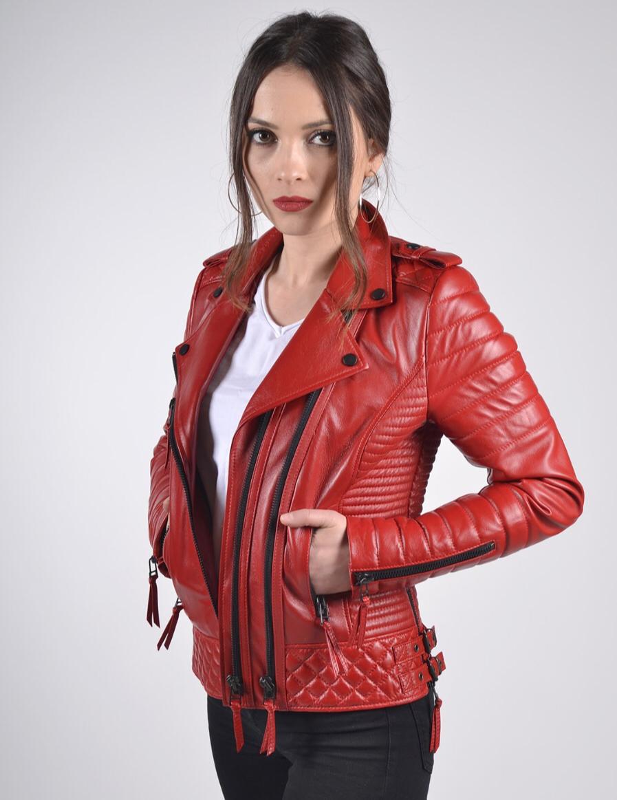 Women`s Red Biker Leather Jacket