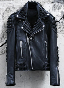 Men's Genuine Leather Full Punk Black Metal Spiked Studded Motorcycle Biker Leather Jacket - Luxurena Leather
