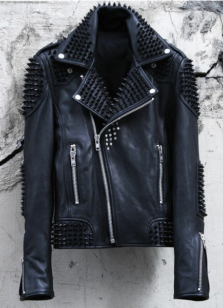 Men's Genuine Leather Full Punk Black Metal Spiked Studded Motorcycle Biker Leather Jacket