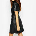 Leather Cocktail Dress with Shirt Collar - Luxurena Leather