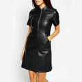 Leather Cocktail Dress with Shirt Collar - Luxurena Leather