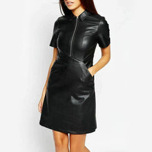 Leather Cocktail Dress with Shirt Collar - Luxurena Leather