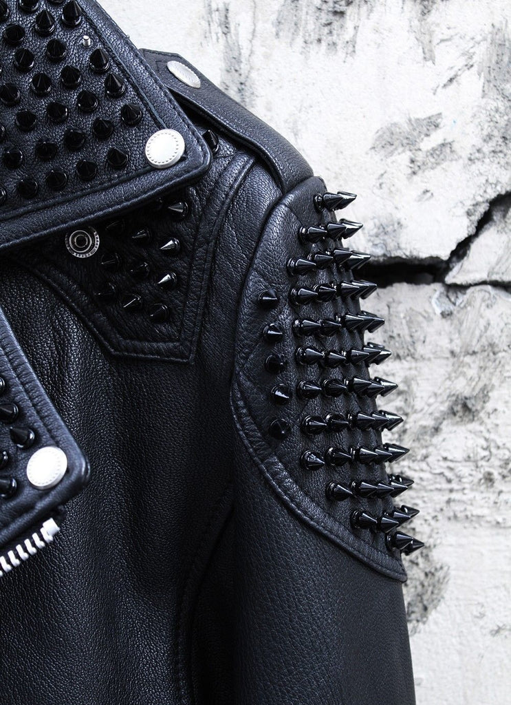 Men's Genuine Leather Full Punk Black Metal Spiked Studded Motorcycle Biker Leather Jacket - Luxurena Leather