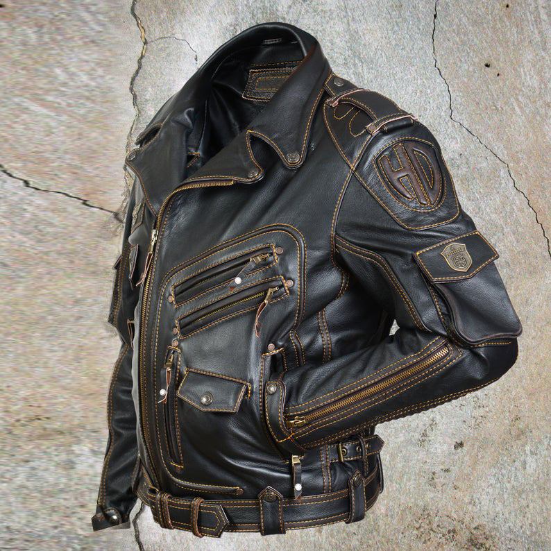 Men's Genuine Leather Premium Fashion Motorcycle Biker Black Jacket - Luxurena Leather