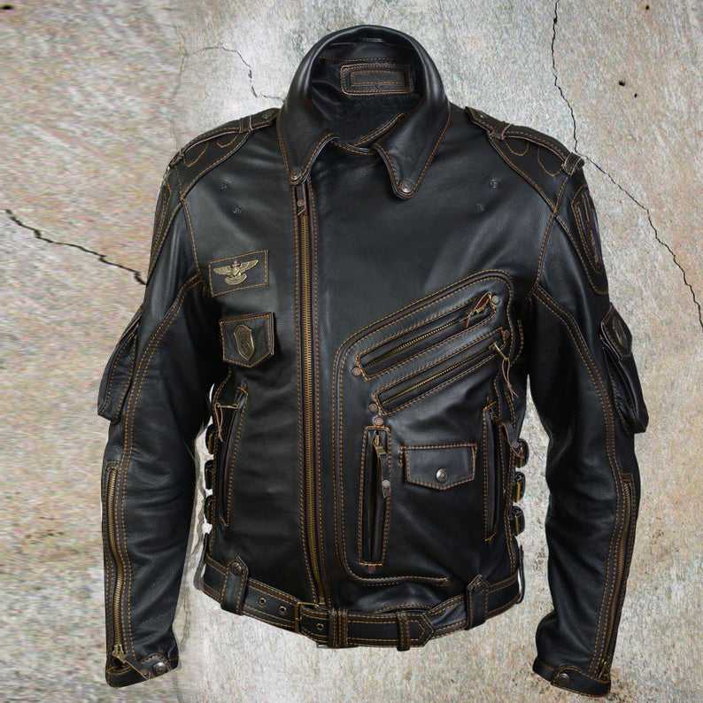 Men's Genuine Leather Premium Fashion Motorcycle Biker Black Jacket - Luxurena Leather