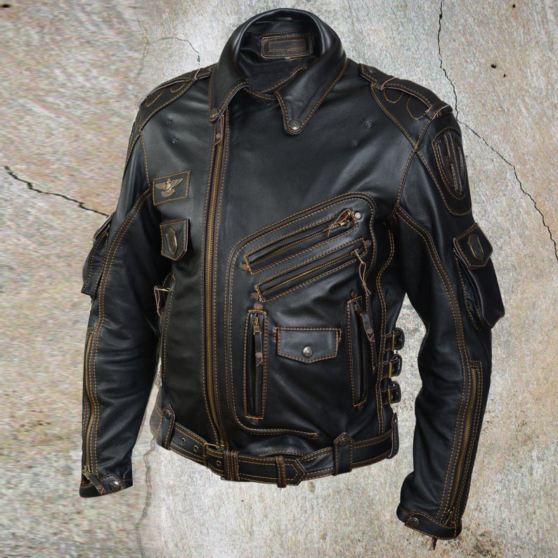 Men's Genuine Leather Premium Fashion Motorcycle Biker Black Jacket - Luxurena Leather