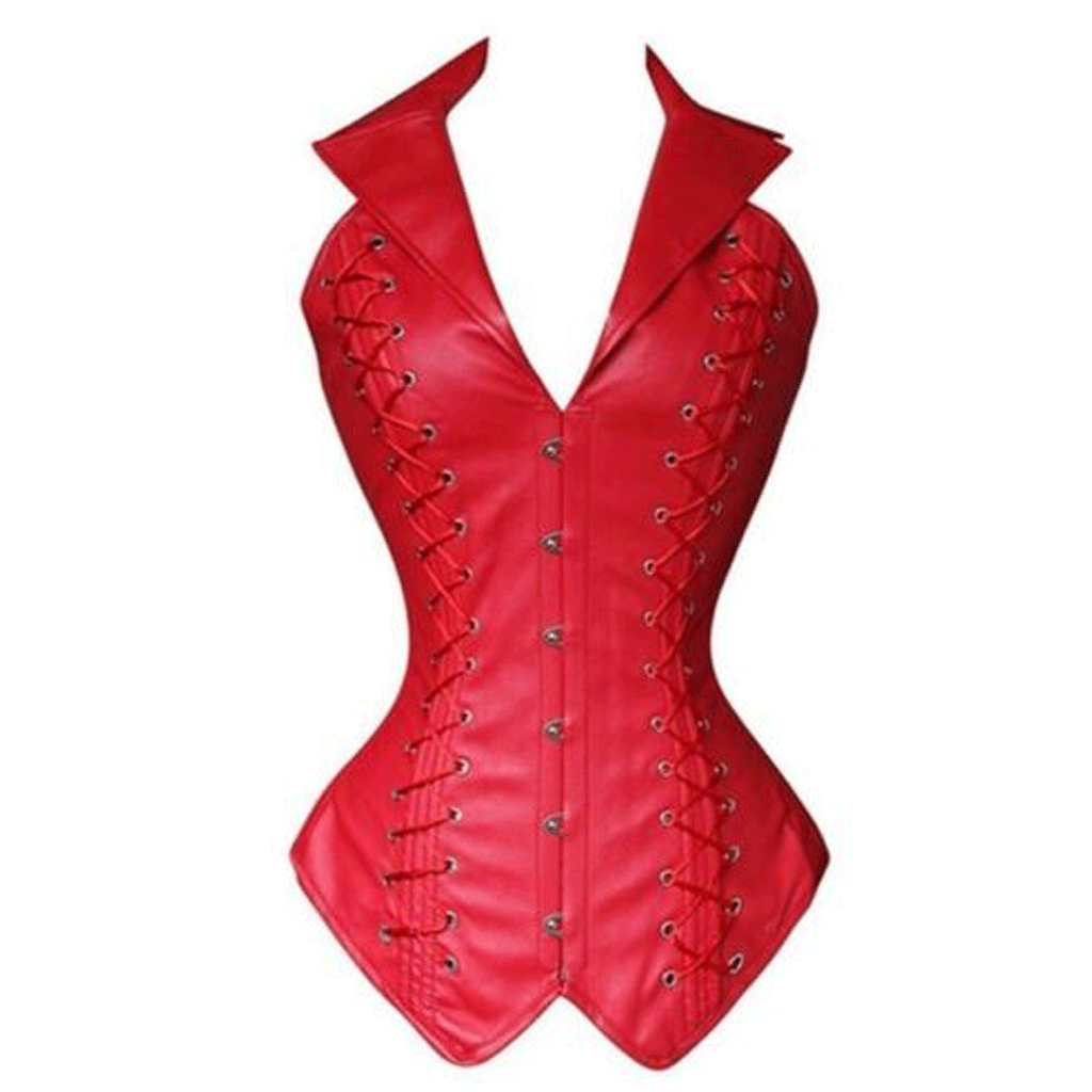 Women Genuine Leather Corset Gothic Sleeveless Backless Turn Down Collar Lace Up - Luxurena Leather