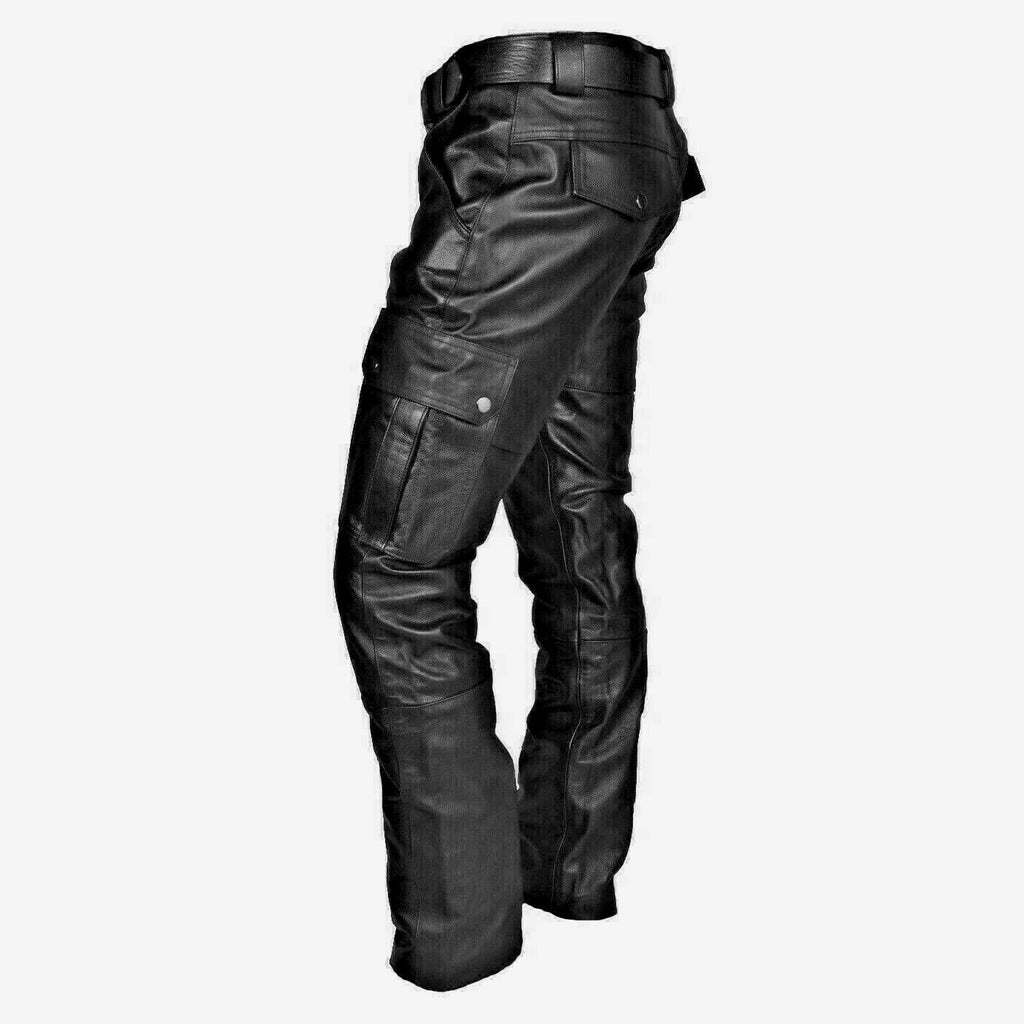 Men's Real New Black Leather Cargo Pants 100% Original Genuine Cowhide Leather-Luxurena Leather