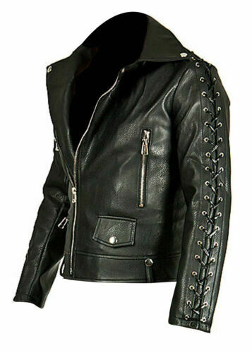Men's Real Leather Bikers Laces Up Jacket Cowhide Leather Bikers Jacket Black - Luxurena Leather