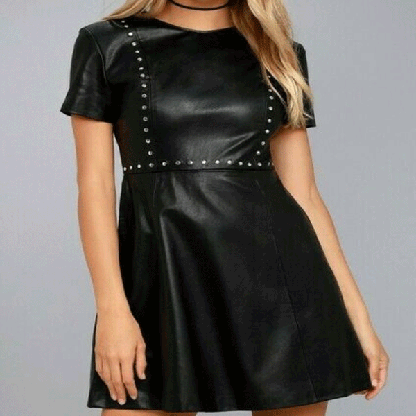 Women's Soft Black Cowhide Leather Dress Bodycon New