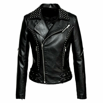 Women's Black Motor biker Genuine Leather Jacket With Silver Studs Sli