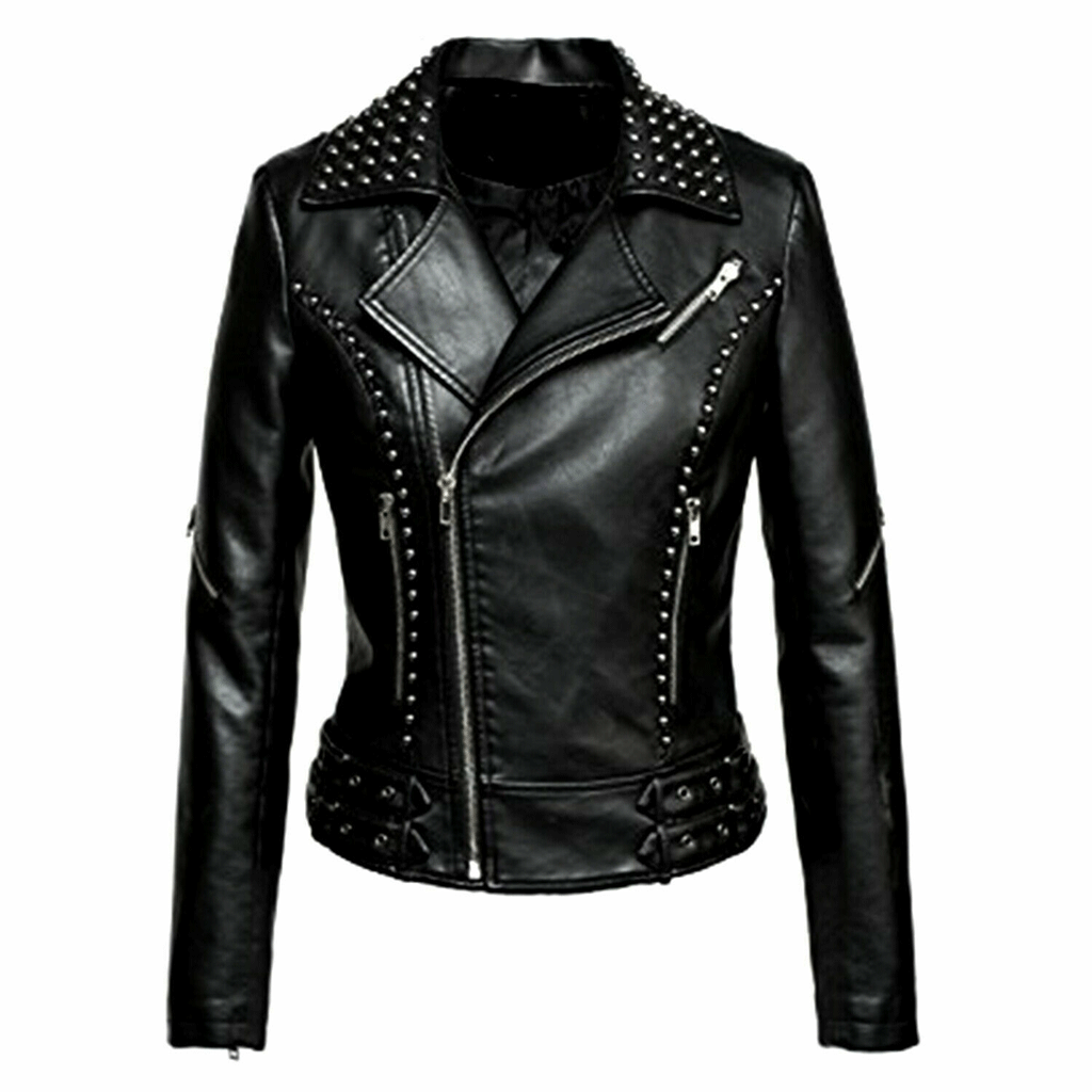 Black Motor biker Genuine Leather Women's Jacket With Silver Studs Slim Fit-Luxurena Leather