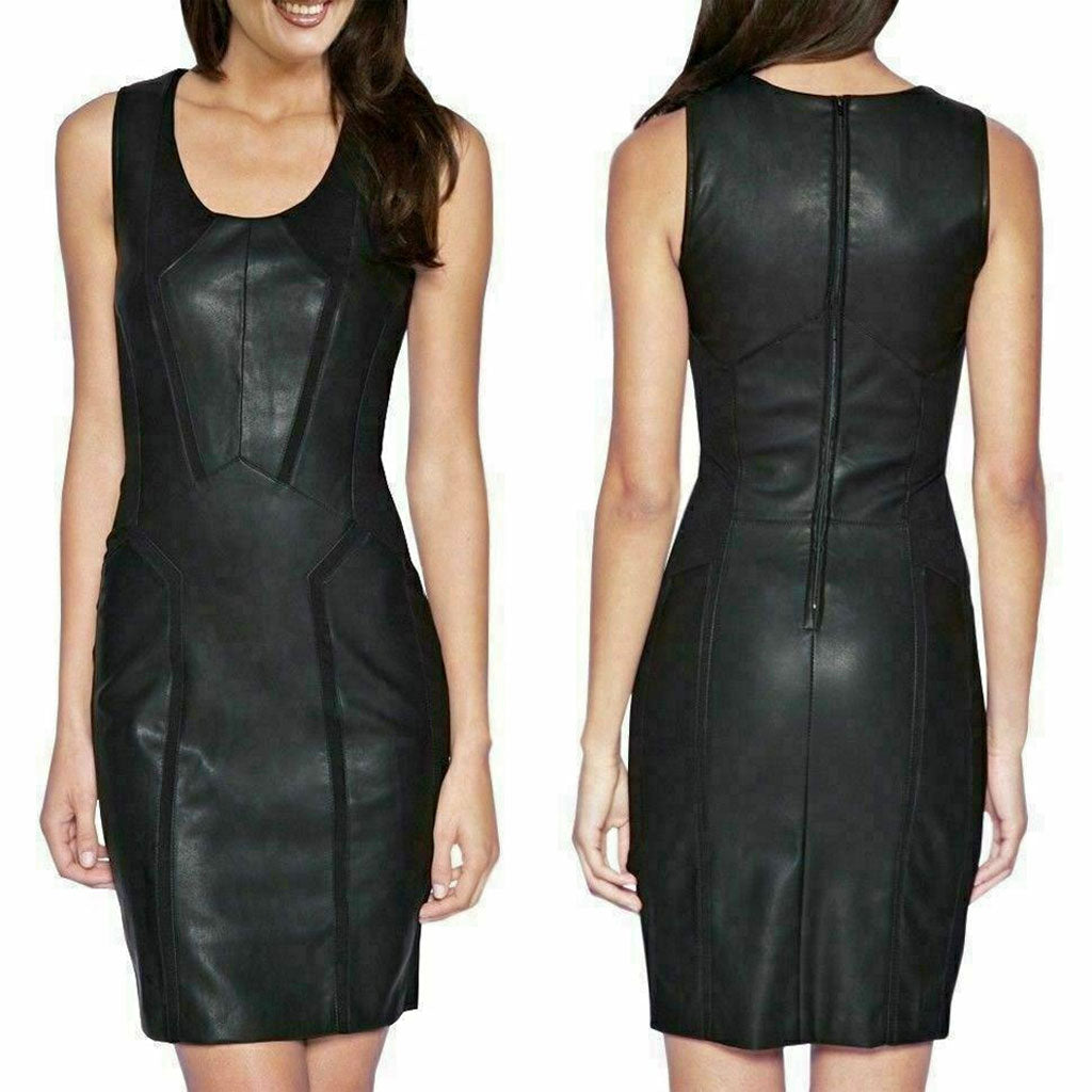 Black Evening Wear Slim Fit Bodycon Sleeveless Soft Leather Dress-Luxurena Leather