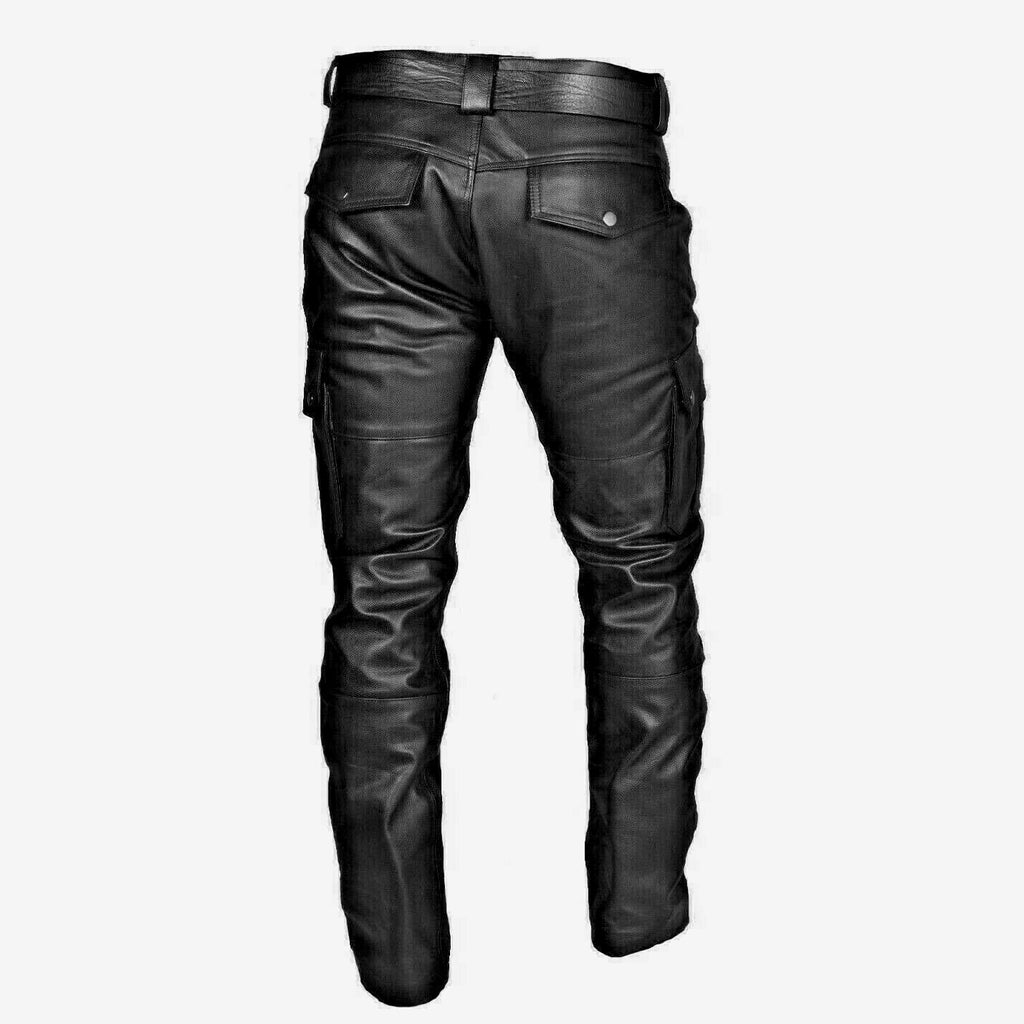 Men's Real New Black Leather Cargo Pants 100% Original Genuine Cowhide Leather-Luxurena Leather