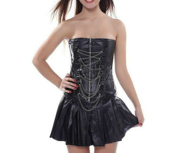 Black leather steampunk BDSM waist cincher bustier corset gothic mini skirt-Luxurena Leather