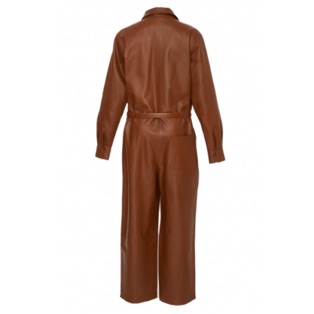 Women Genuine Leather Jumpsuit Catsuit Brown High Waist & Belt Leather Overall - Luxurena Leather