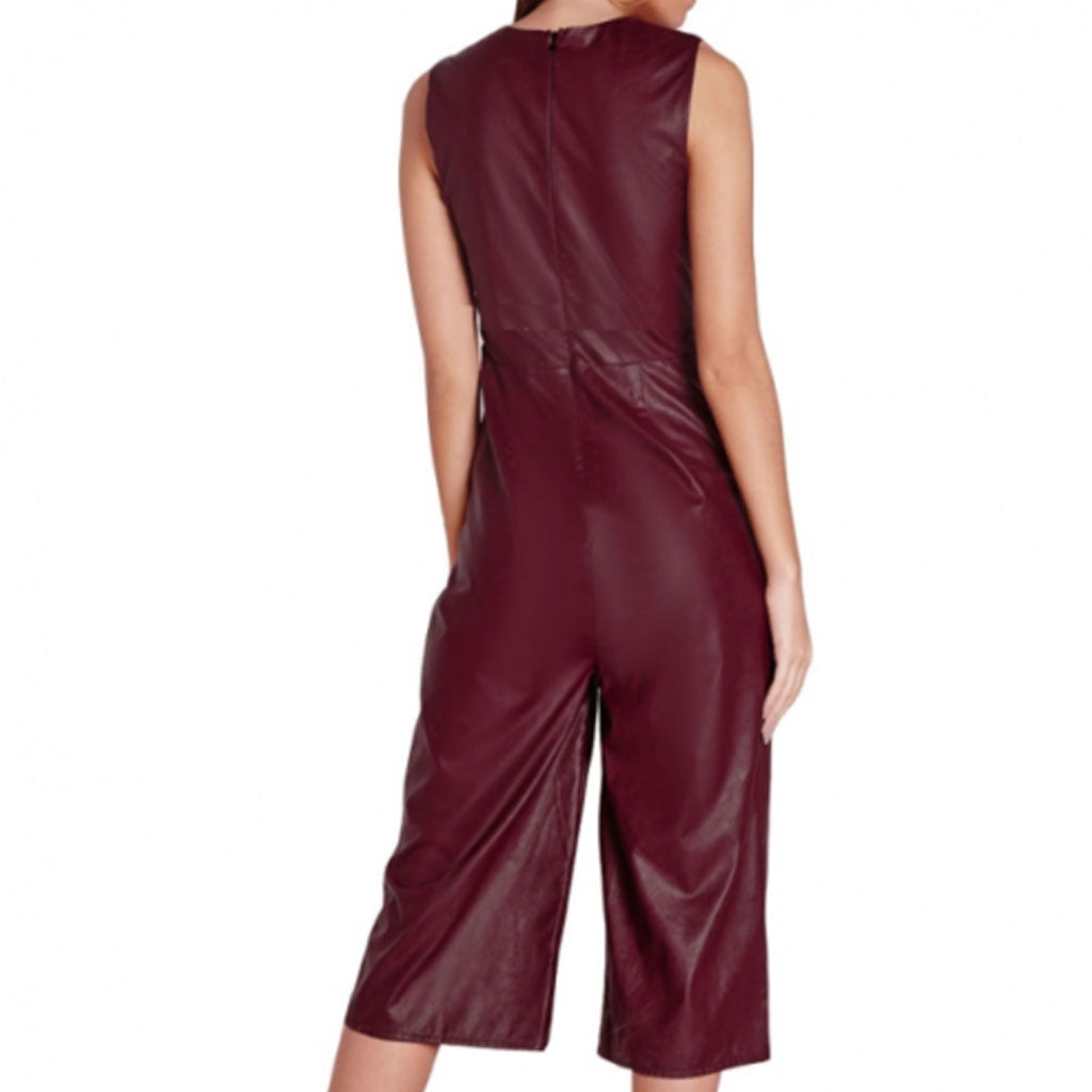 Women Genuine Soft Leather Burgundy Romper Leather Cat suit Short Deep V Culottes - Luxurena Leather