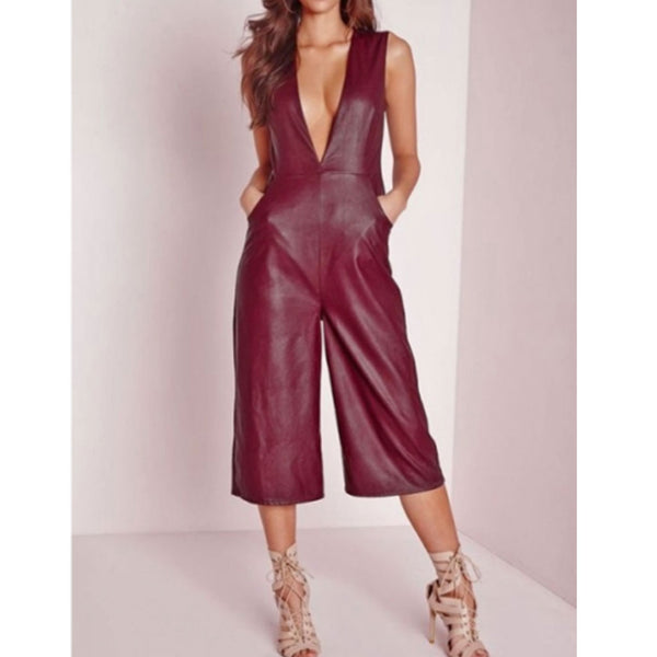 Women Genuine Soft Leather Burgundy Romper Leather Cat suit Short Deep V Culottes