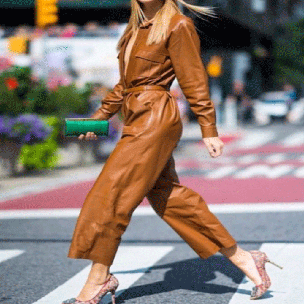 Women Genuine Leather Jumpsuit Catsuit Brown High Waist & Belt Leather Overall - Luxurena Leather