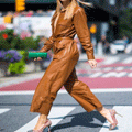 Women Genuine Leather Jumpsuit Catsuit Brown High Waist & Belt Leather Overall - Luxurena Leather