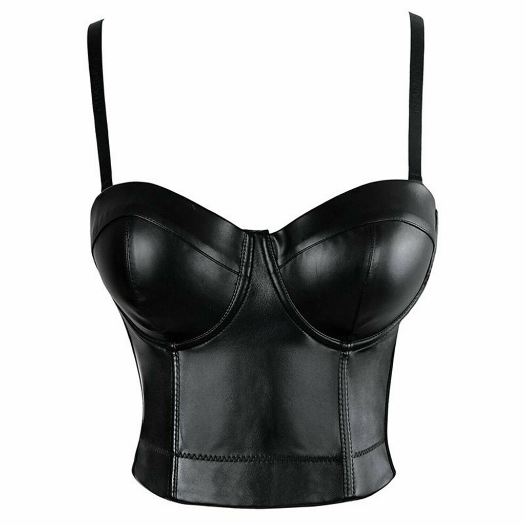 Women Real Leather Corset Bustier Crop Bra Top Fetish Push Up Vest Tank Blouse - Luxurena Leather
