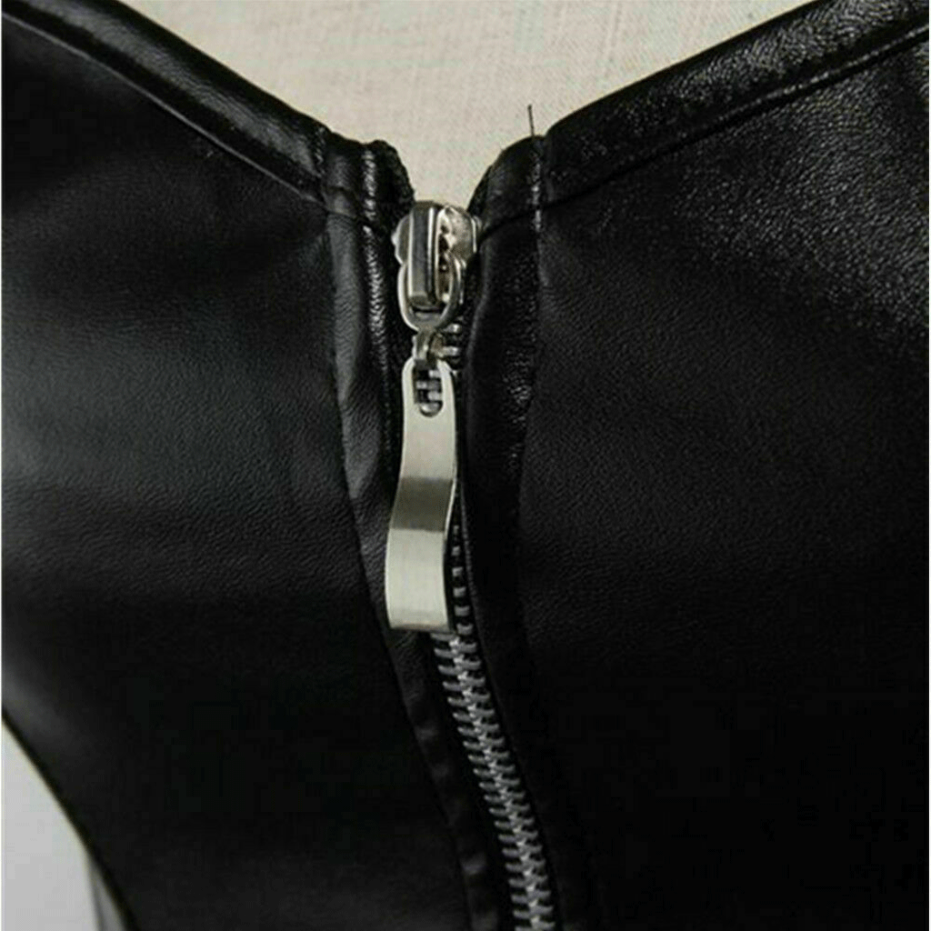 Women Real Black Leather Corset Dress Gothic Punk Zipper Corset With Skirt - Luxurena Leather
