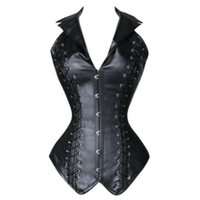 Women Genuine Leather Corset Gothic Sleeveless Backless Turn Down Collar Lace Up - Luxurena Leather