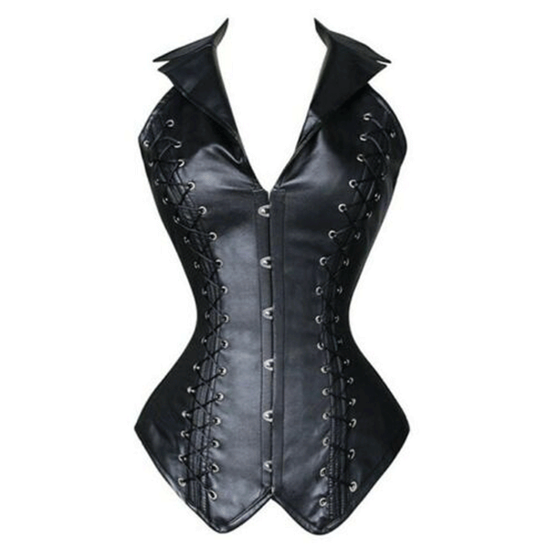 Women Genuine Leather Corset Gothic Sleeveless Turn Down Collar Lace Up