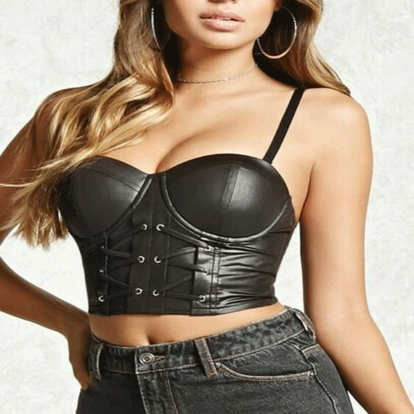 Women Genuine Leather Crop Top Black Underwired With Lace Front