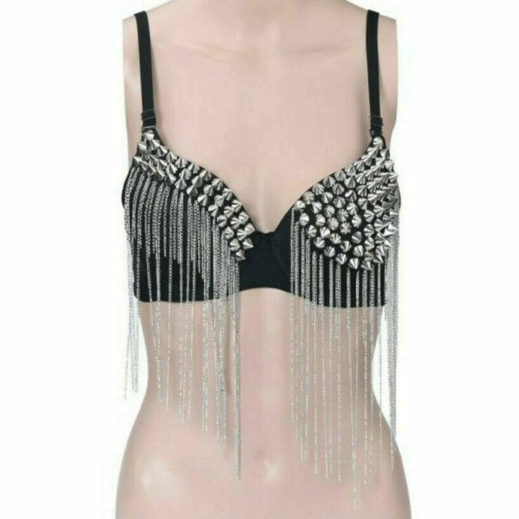 Sexy Rhinestone Silver Bra, Sequin Rivets Push Bra