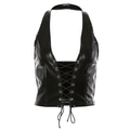 Womens Black leahter Crop tops tank tops Black V-neck laceup Bustier Top - Luxurena Leather