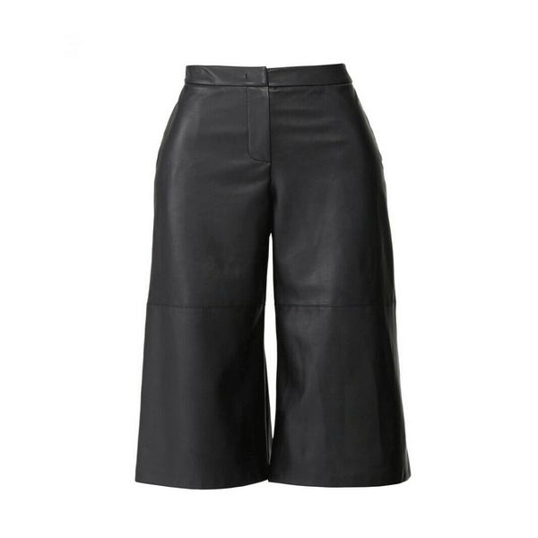 Women Genuine Black Leather Culotte Pants High Waisted Handmade Formal Look