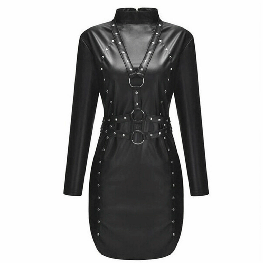 Real leather women Dress Long Sleeves Rivets Straps Leather Bodycon Dress - Luxurena Leather