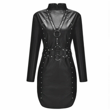 Real leather women Dress Long Sleeves Rivets Straps Leather Bodycon Dress - Luxurena Leather