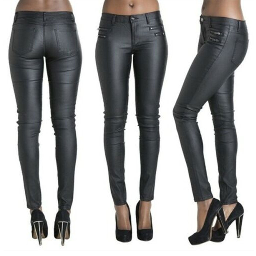 New Women Genuine Leather Pants High Waist Sexy Jeans Style Skin Fit Black - Luxurena Leather