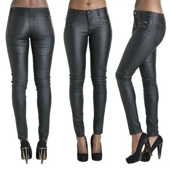 Women's Genuine Leather Pants High Waist Sexy Jeans Style Skin Fit Black