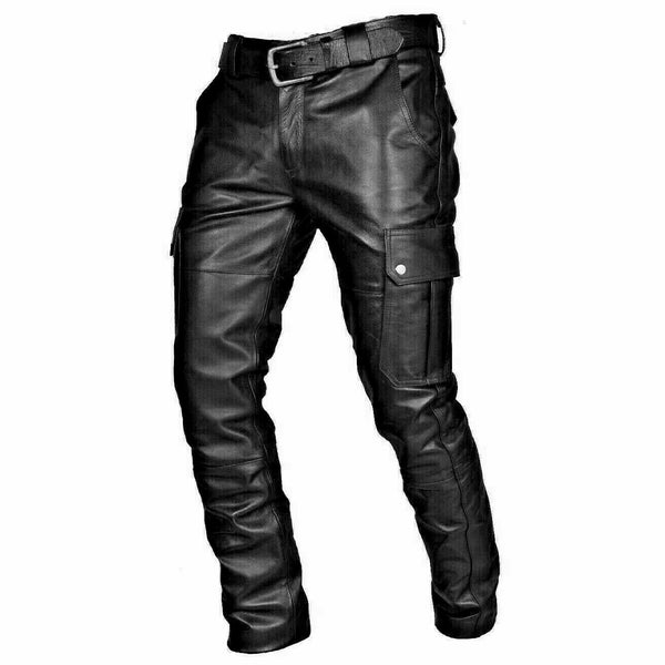 Men's Genuine Black Leather Biker Pants With Cargo Pocket Trousers look