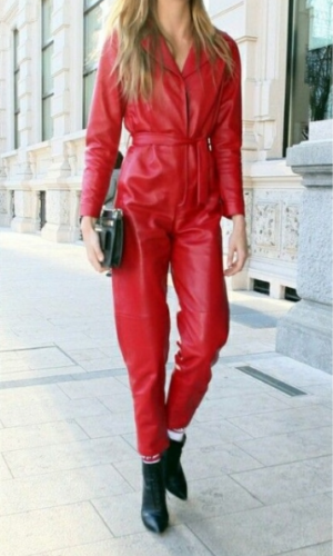 Women Genuine Leather Catsuit Jumpsuit Red High Waist With Belt Leather Overall - Luxurena Leather