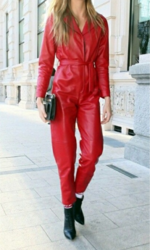 Women Genuine Leather Catsuit Jumpsuit Red High Waist With Belt Leather Overall