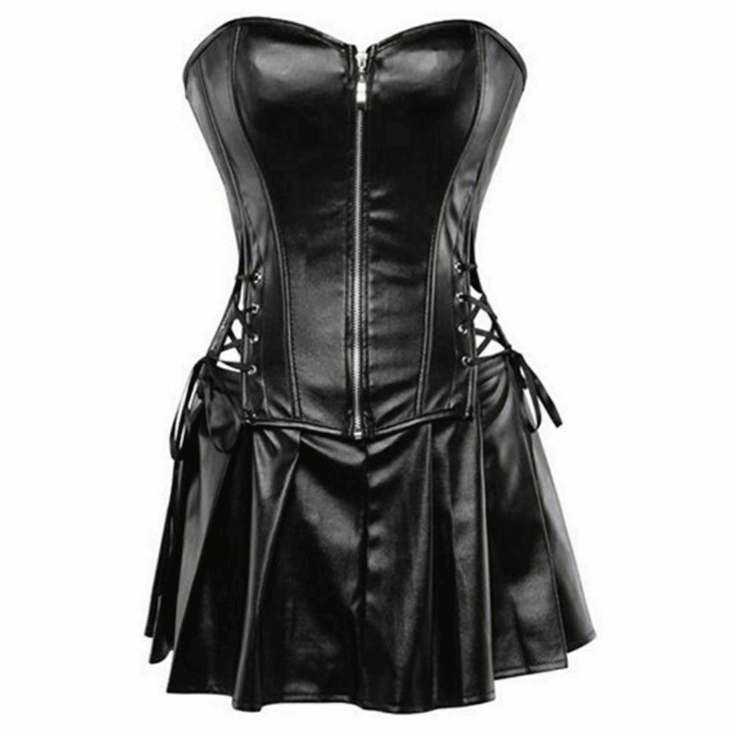Women Real Black Leather Corset Dress Gothic Punk Zipper Corset With Skirt - Luxurena Leather