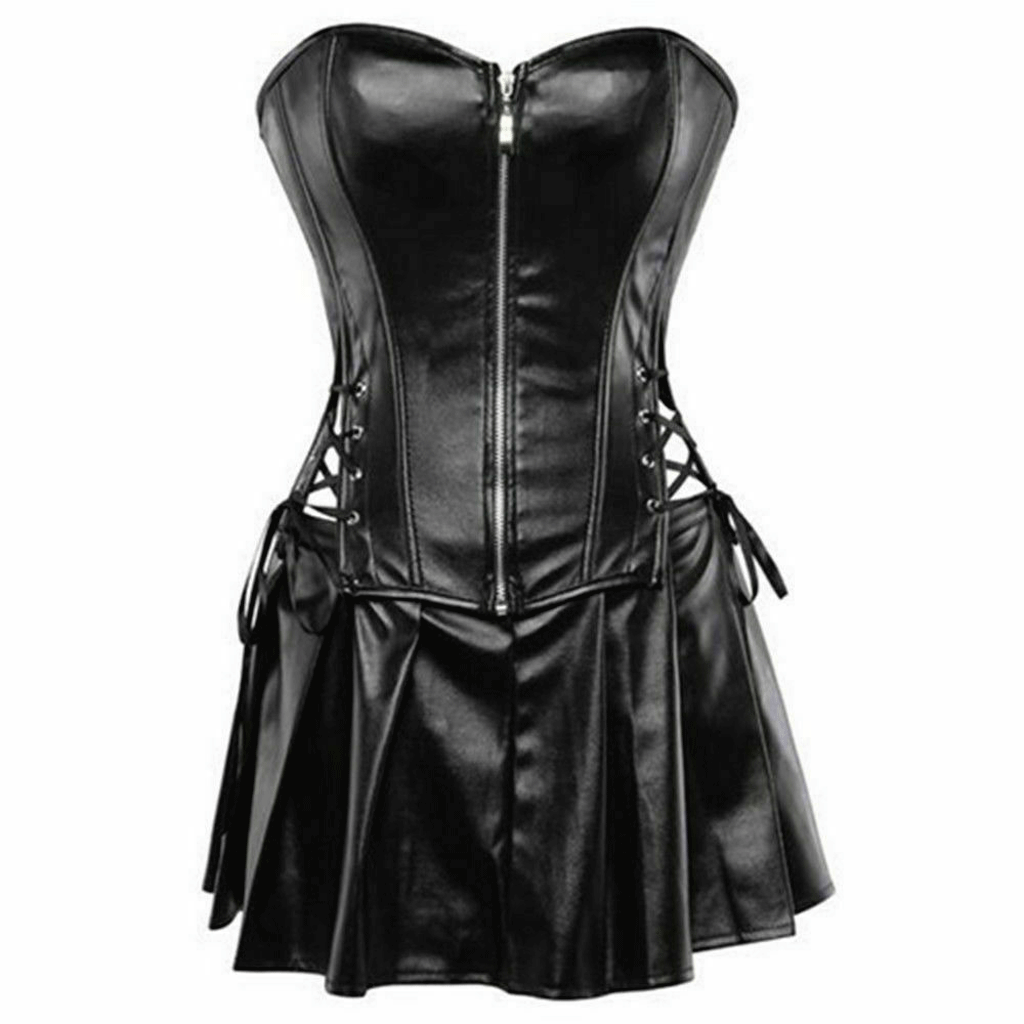 Women Real Black Leather Corset Dress Gothic Punk Zipper Corset With Skirt - Luxurena Leather