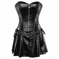 Women Real Black Leather Corset Dress Gothic Punk Zipper Corset With Skirt - Luxurena Leather