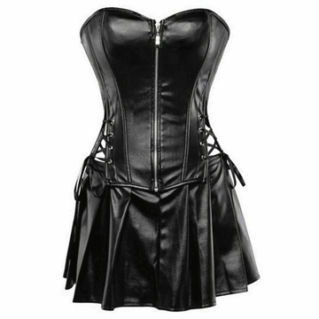Women Real Black Leather Corset Dress Gothic Punk Zipper Corset With Skirt - Luxurena Leather