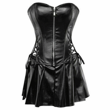 Women Real Black Leather Corset Dress Gothic Punk Zipper Corset With Skirt - Luxurena Leather